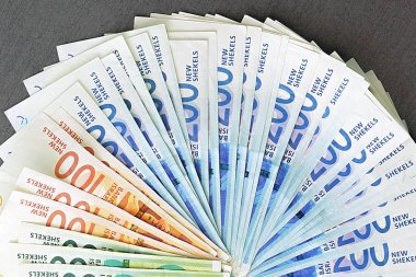 Yeni İsrail Şekeli serisi C. İsrail para fan arka plan notları. Dokular. Yakın çekim.