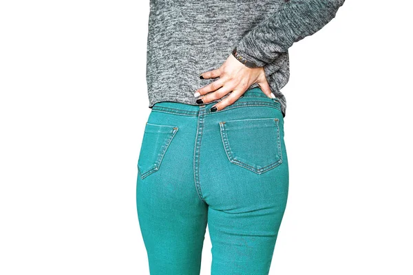 Mulher Nova Calça Verde Com Dor Rins Isolados Fundo Branco — Fotografia de Stock