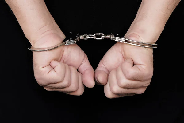 Arrested Man Handcuffed Hands Isolated Black Background Prisoner Arrested Terrorist — Stock Photo, Image