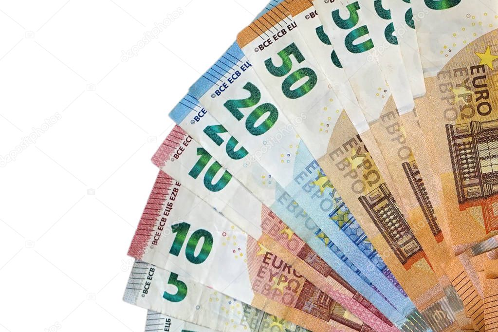 Fan of 50, 20, 10, 5 euro isolated on white background. Fan of 50, euro. Euro money notes. Close-up.