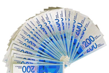 Yeni 200 İsrail Şekeli serisi C. İsrail para fan arka plan notları. Dokular. Yakın çekim.