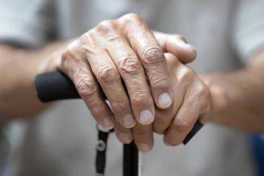 Baston tutan komuta sizde. Yakın çekim, ihtiyar baston eller üzerinde. Bir baston tutan bir yaşlı adamın elini