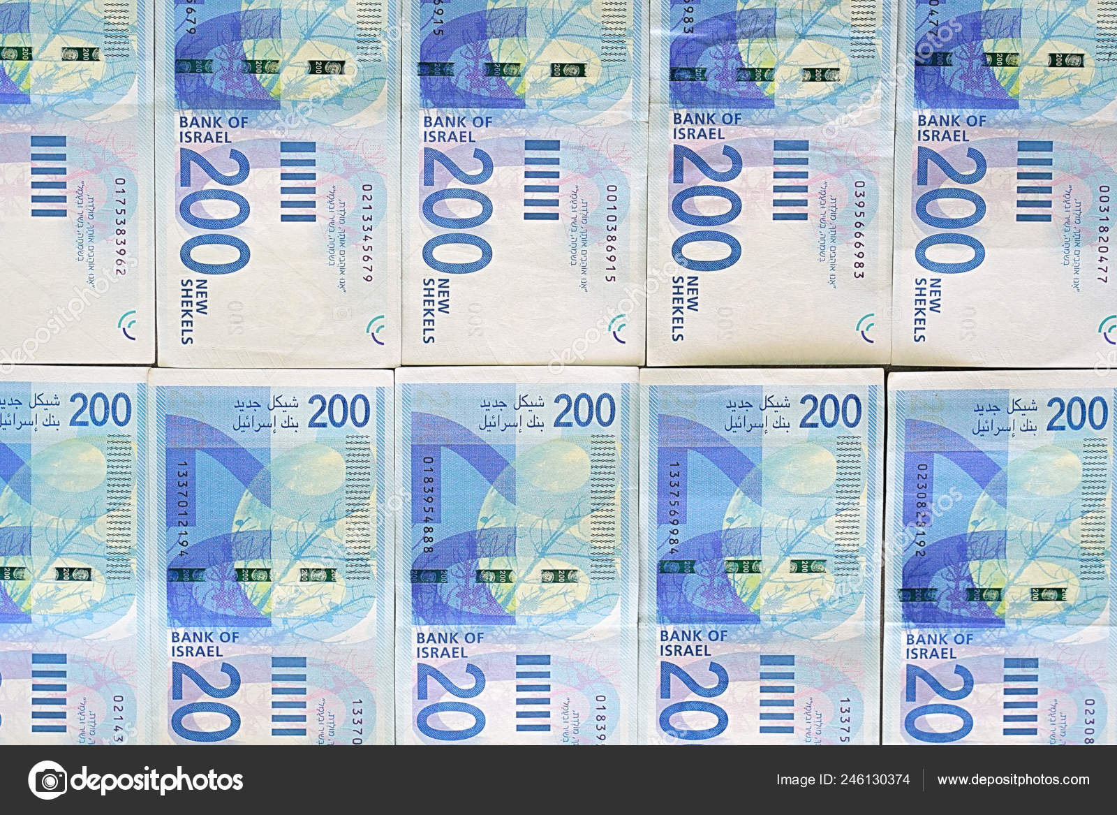 以色列货币栈的新的以色列纸币的200谢克尔新以色列谢克尔系列—— 库存社论照片© svershinsky #246130374