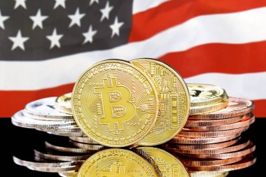 amerikan bayrağı arka planda bitcoins