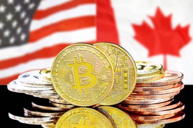 amerikan ve Kanada bayrağı arka plan üzerinde bitcoins
