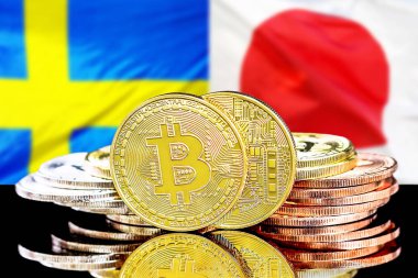 İsveç ve Japonya bayrak arka plan üzerinde bitcoins