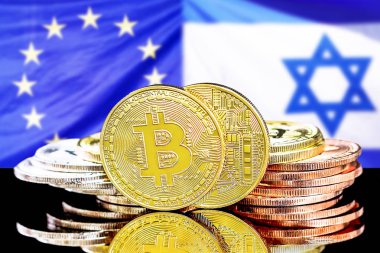 İsrail ve Avrupa Birliği bayrak arka plan üzerinde bitcoins