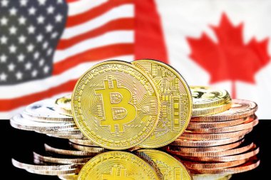 amerikan ve Kanada bayrağı arka plan üzerinde bitcoins