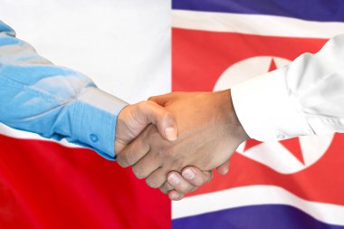 Polonya ve Kuzey Kore bayrağı arka plan üzerinde el sıkışma.