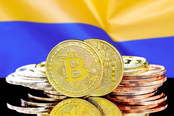 bitcoins on Ukraine flag background