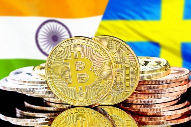 Hindistan ve İsveç bayrak arka plan üzerinde bitcoins