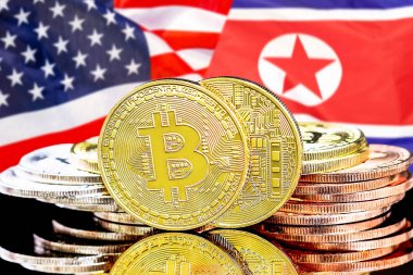 Kuzey Kore ve Abd bayrak arka plan üzerinde bitcoins