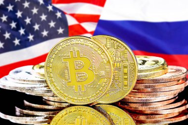 Rusya ve Abd bayrak arka plan üzerinde bitcoins