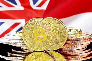 Monako ve İngiltere bayrak arka plan üzerinde bitcoins