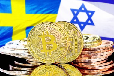 İsrail ve İsveç bayrağı arka plan üzerinde bitcoins