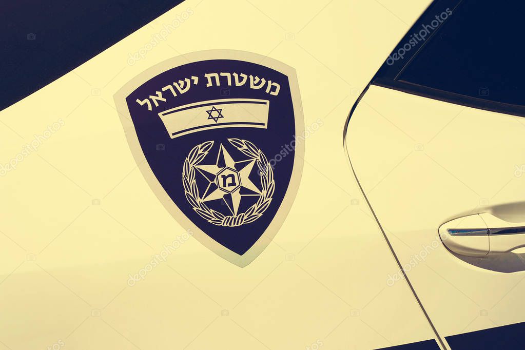 Israeli police car with text and logo. Nobody in the vehicle. 13 May 2019. Tel Aviv. Israel