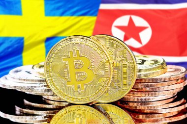 İsveç ve Kuzey Kore bayrağı arka plan üzerinde bitcoins
