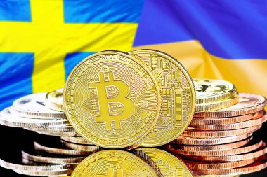 İsveç ve Ukrayna bayrak arka plan üzerinde bitcoins