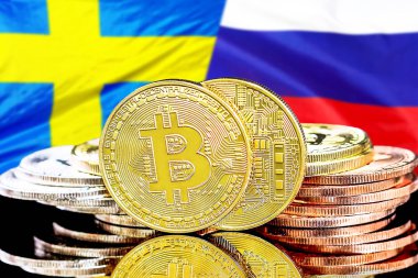 İsveç ve Rusya bayrak arka plan üzerinde bitcoins