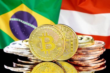 Brezilya ve Avusturya bayrağı arka planda Bitcoins