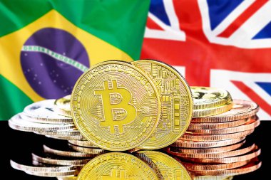 Brezilya ve Ingiltere bayrağı arka planda Bitcoins