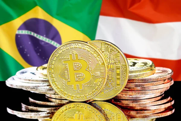 Bitcoins on Brazil and Austria flag background — Stock Photo, Image