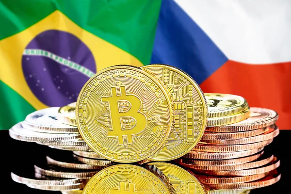 Bitcoins on Brazil and Czech Republic flag background — Stock Photo, Image