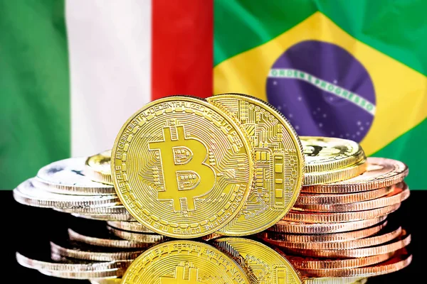Bitcoins on Brazil and Italy flag background — Stock Photo, Image