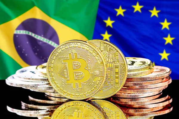 Brezilya ve Avrupa Birliği bayrağı arka planda Bitcoins