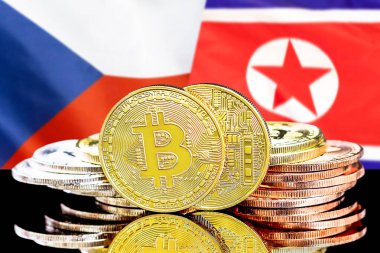 Çek Cumhuriyeti ve Kuzey Kore bayrağı arka planda Bitcoins