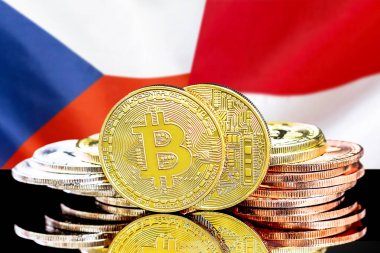 Çek Cumhuriyeti ve Monako bayrağı arka planda Bitcoins