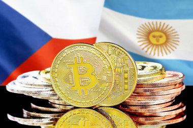 Çek Cumhuriyeti ve Arjantin bayrağı arka planda Bitcoins