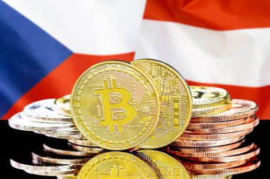 Çek Cumhuriyeti ve Avusturya bayrağı arka planda Bitcoins