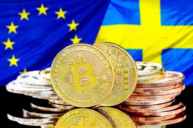 Avrupa Birliği ve Isveç bayrağı arka planda Bitcoins