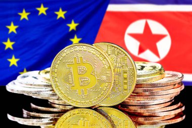 Avrupa Birliği ve Kuzey Kore bayrağı arka planda Bitcoins