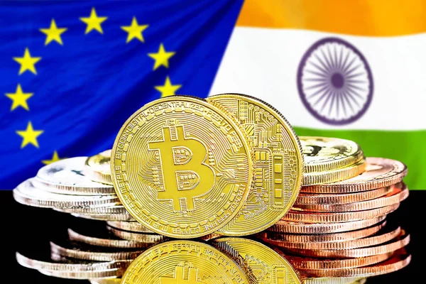 Avrupa Birliği ve Hindistan bayrağı arka planda Bitcoins