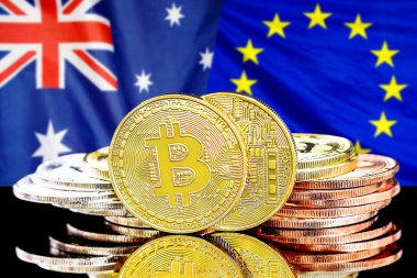 Avustralya ve Avrupa Birliği bayrağı arka planda Bitcoins