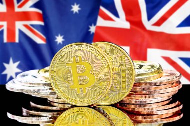 Avustralya ve Birleşik Krallık bayrağı arka planda Bitcoins
