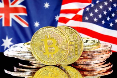 Avustralya ve ABD bayrağı arka planda Bitcoins