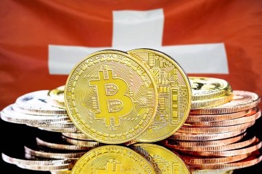 İsviçre bayrağı arka plan üzerinde bitcoins