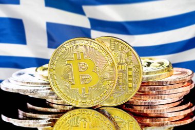 Yunanistan bayrak arka plan üzerinde bitcoins
