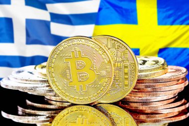 Yunanistan ve İsveç bayrak arka plan üzerinde bitcoins