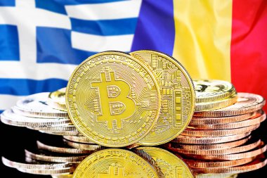 Yunanistan ve Moldova bayrak arka plan üzerinde bitcoins