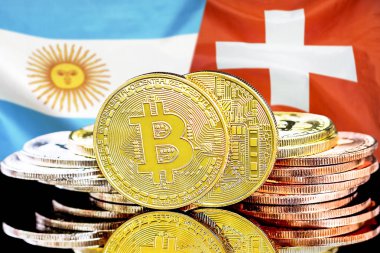 Arjantin ve İsviçre bayrağı arka plan üzerinde bitcoins