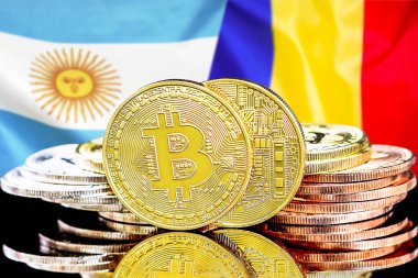 Arjantin ve Moldova bayrak arka plan üzerinde bitcoins