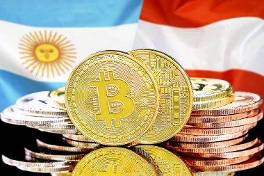Arjantin ve Avusturya bayrak arka plan üzerinde bitcoins