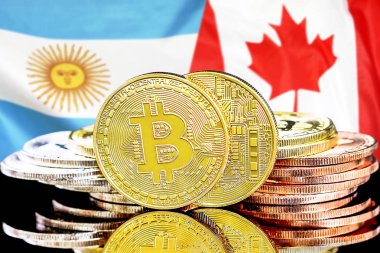 Arjantin ve Kanada bayrak arka plan üzerinde bitcoins
