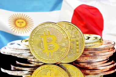 Arjantin ve Japonya bayrak arka plan üzerinde bitcoins