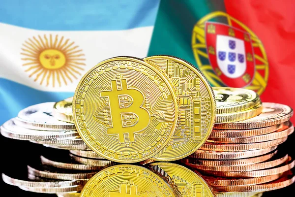 Bitcoins on Argentina and Portugal flag background — Stock Photo, Image