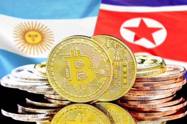 Arjantin ve Kuzey Kore bayrağı arka plan üzerinde bitcoins